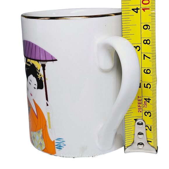 Japanese Geisha Girl Tea Cup Ceramic Painted Design Coffee Mug Gold Trim Orange - Picture 9 of 13